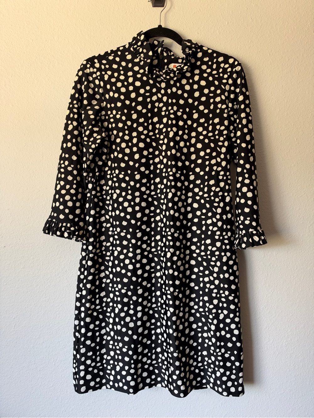 Jude Connally Black Cream Polka Dot High Neck 3/4 Sleeve Midi Dress Size Medium